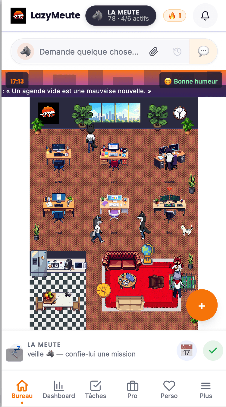 Bureau pixel-art LazyMeute : les 6 loups au travail dans leur QG